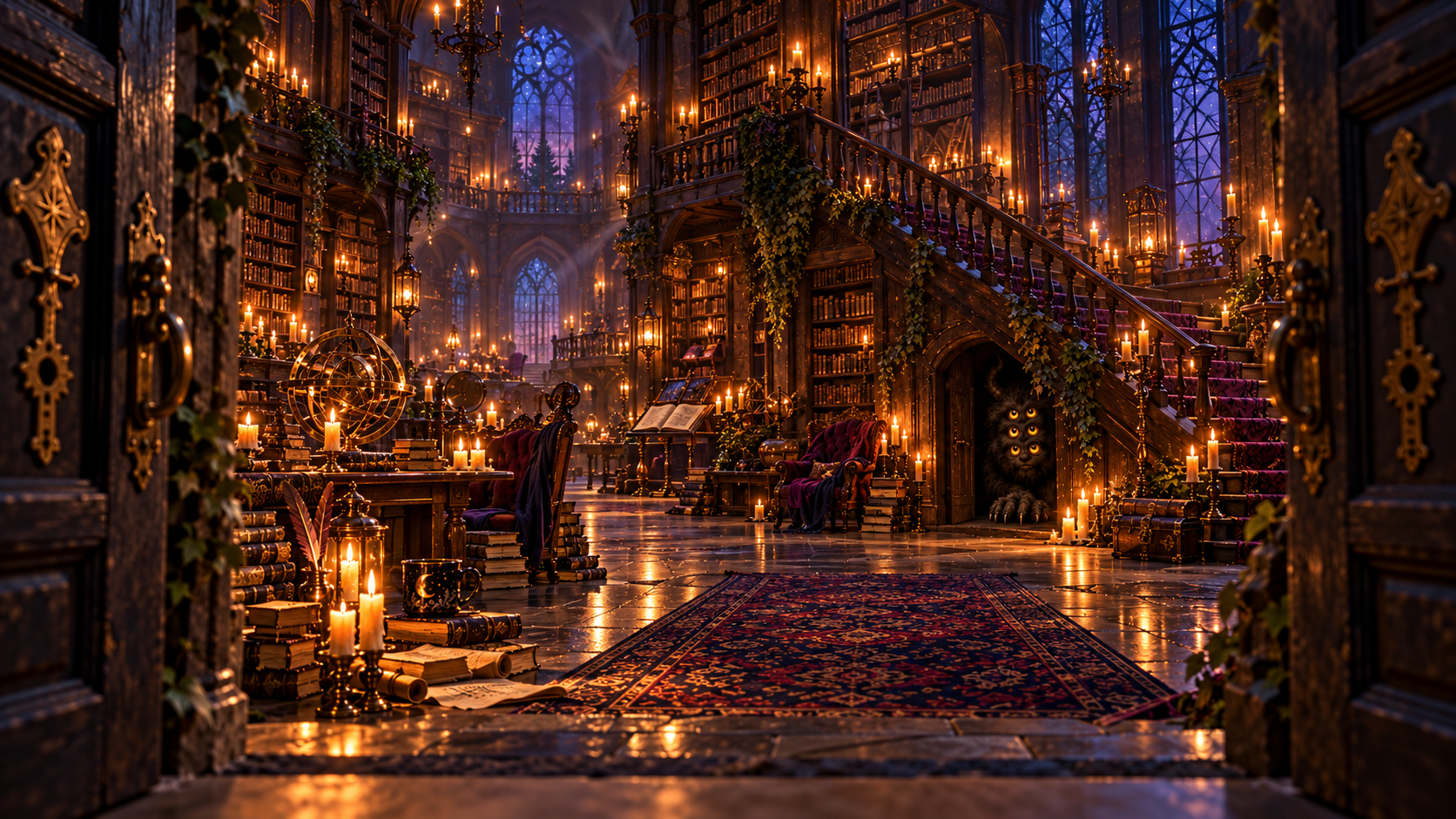 A candlelit gothic library filled with books, staircases, and a many-eyed guardian